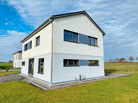 Vollholzhaus mit verputzter Fassade
